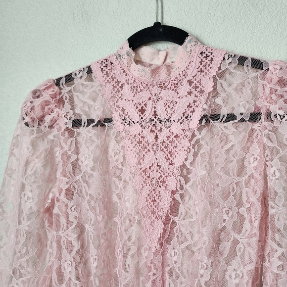 VINTAGE lace midi dress in powder Pink long sleeve sheer size 3/4 - Picture 12 of 15